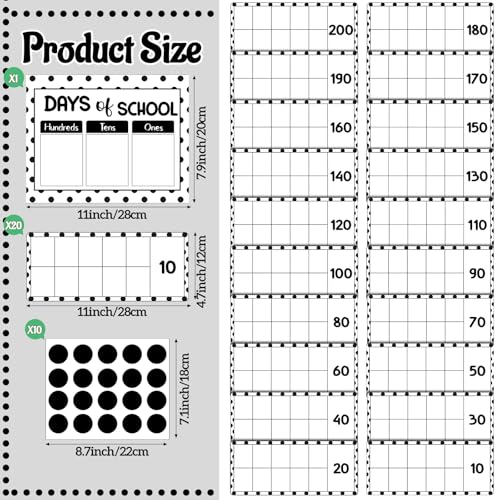 Funrous Days of School Pocket Chart Number of The Day Countdown Posters Back to School Black White Dots Countdown Bulletin Board Decor Hundreds Tens Ones Place Value Chart Cards for Classroom Home - style: Dots