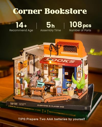 Rowood Miniature House Kit,Mother's Day Mini House Building Kit with LED,DIY Dollhouse Craft Kits for Adults,Birthday for Women Ages 14+(Corner Bookstore) - style: Corner Bookstore