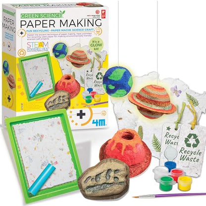 4M Green Science Paper Making Kit for Kids Ages 5-12 – Recycled Paper Craft STEM Set with Moulds, Glow-in-the-Dark Paint, Dinosaur & Planet Molds, Red Dot Award Winner, Eco-Friendly DIY Gift - style: Paper Making Kit