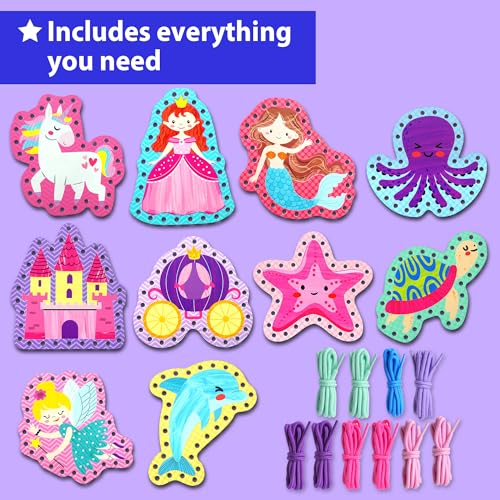 KRAFUN Princess, Unicorn & Mermaid Lacing Cards Age 3+ | 10 Projects - color: Girly - Large