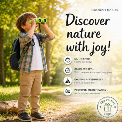 Binoculars for Kids – Perfect Toy for Little Boys and Girls – Extensive Set Incl. Magnifying Glass & Compass – Powerful Magnification 8X21 – 3 to 12 Year Old Kids for Toddler - color: Green