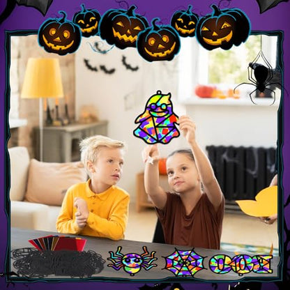 32 Sets Halloween Suncatchers Craft Kit DIY Window Stained Glass Effect Ghost Spider Skull Pumpkin Paper Crafts Home School Classroom Decoration Kid Birthday Gift Creative Art Project Activity Game - style: Halloween