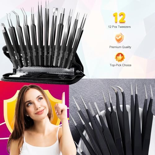 Antonki 12-in-1 Precision Metal Tweezers Set with Leather Case - color: Full Black