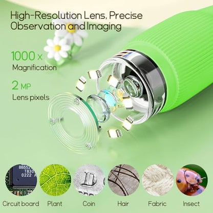 WINWEND Kids Microscope Pocket Microscope -1000X Portable Microscope for Kid | Photo and Video Mini Microscopes | 2'' Digital Little Scientist Microscopes for 3-10 Age Years Old Boys Girls Toys Gifts - color: Green