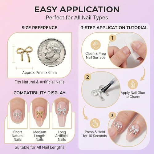 YOJO 3D Bow Nail Charms, Premium Metal Alloy Designs, 96pcs Gold & Silver Y2K Style Bowknot Charms for Acrylic Nails DIY Crafts - color: Gold&Silver