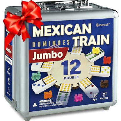 Queensell Mexican Train Dominoes Set with Jumbo Tiles – Double 12 Dominoes Set for Adults, 91 Tiles with Colorful Dots, Wooden Hub, Train & Aluminum Case - size: D12 Jumbo