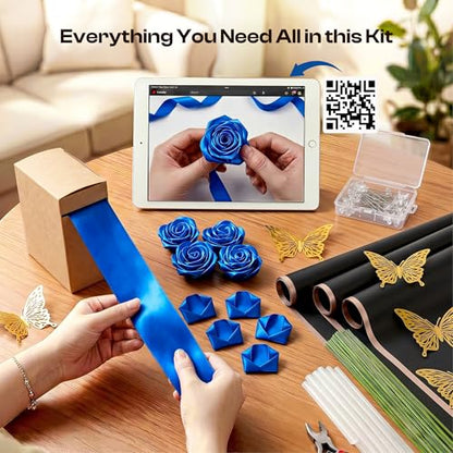 Caydo Royal Blue Ribbon Rose Bouquet for Gifts - color: Royal Blue