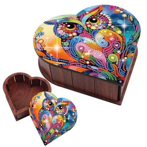 antor DIY Special Shaped Diamond Painting Storage Box Kit, Heart-Shaped Wooden Crystal Rhinestone Art Organizer with Colorful Owl, Decorative Gift Case for Jewelry, Home Decor & Desktop Display - color: Owl