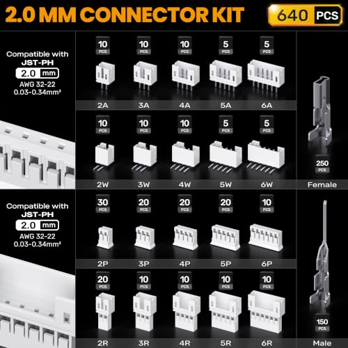 SOMELINE Crimping Tool & JST-PH 2.0mm Connector Kit, 2/3/4/5/6 Pin 640 pcs