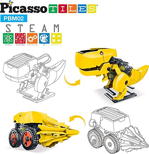 PicassoTiles Dinosaur Robot Solar Powered STEM Unique Transformation Renewable Sun Energy Educational Learning Engineering Building Toy 3-in-1 Science Experiment Kit Model Boys Girls Ages 8+ - color: 3-in-1 Transformation