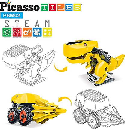 PicassoTiles Dinosaur Robot Solar Powered STEM Unique Transformation Renewable Sun Energy Educational Learning Engineering Building Toy 3-in-1 Science Experiment Kit Model Boys Girls Ages 8+ - color: 3-in-1 Transformation