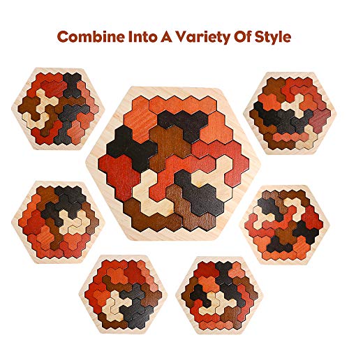 Wooden Hexagon Montessori Tangram Puzzle, STEM Brain Teaser for All Ages