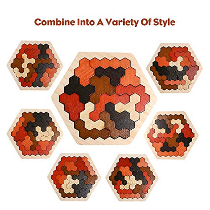 Wooden Hexagon Montessori Tangram Puzzle, STEM Brain Teaser for All Ages