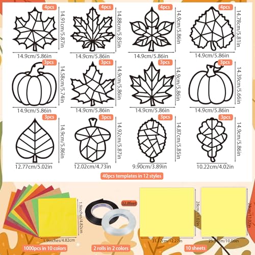 Renbuzhu 40PCS Fall Crafts Bulk: Leaves Pumpkins Paper Suncatchers DIY Kit for Autumn Thanksgiving Activities Decorations, Window Stained Glass Effect Art Supplies(Black Frame) - style: fall