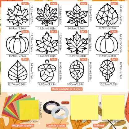 Renbuzhu 40PCS Fall Crafts Bulk: Leaves Pumpkins Paper Suncatchers DIY Kit for Autumn Thanksgiving Activities Decorations, Window Stained Glass Effect Art Supplies(Black Frame) - style: fall