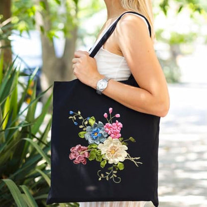 Canvas Tote Bag Silk Ribbon Embroidery Kit for Beginners Arts DIY Crafts Starter Kit Include Stamped Bag Threads Hoop - color: Color #1, Black Bag