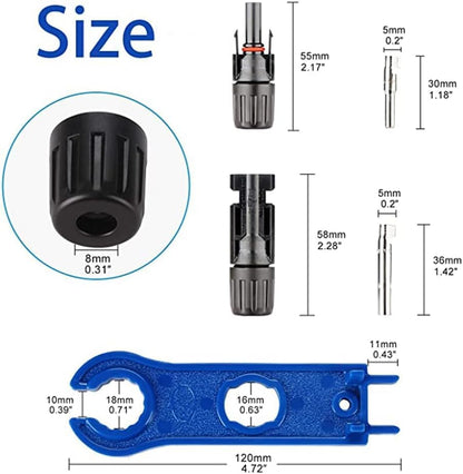 100PCS/50 Pairs Solar Connectors M-C-4 Male/Female IP67 Waterproof Solar Panel Cable Connectors with 2 PCS Spanners - color: 50pair MC4+1pair Spanner