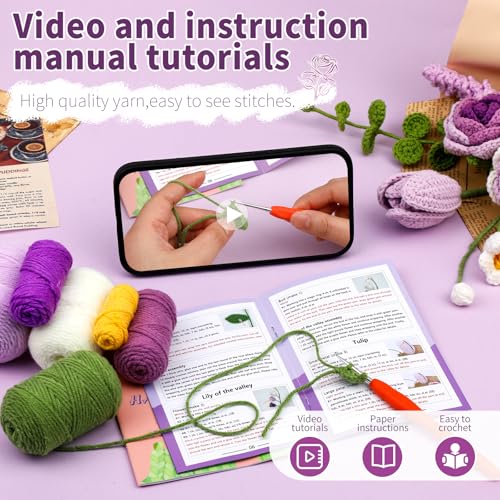 Kogyxe Crochet Kit for Beginners Purple Rose Crochet Flowers for Adults - color: Purple Rose