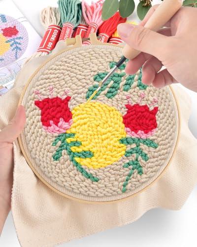 ERKOON Punch Needle Kit Adults Beginners, DIY Easy Floral Embroidery Set for Starter Art Craft, Needling Punch Project with Patterns, Tools, Yarns, Hoop, Instruction (Rose Passing) - color: Rose Passing