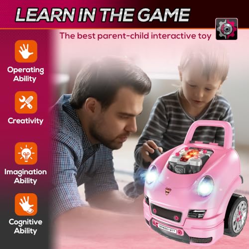 Qaba Truck Engine Toy Kids Mechanic Set with Lights for Kids Aged 3+ Pink - color: Pink