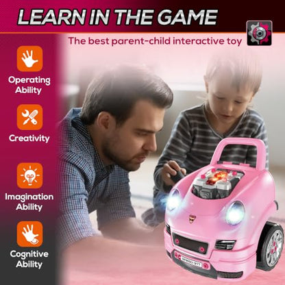 Qaba Truck Engine Toy Kids Mechanic Set with Lights for Kids Aged 3+ Pink - color: Pink