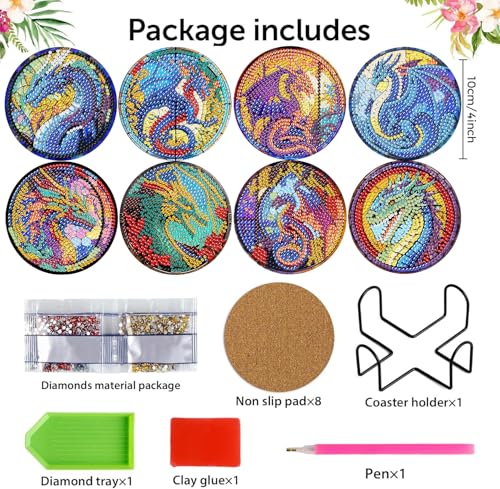 Diamond Art Coasters Kit, 8 Pieces Dragon Diamond Painting Coasters Kit - color: Dragon
