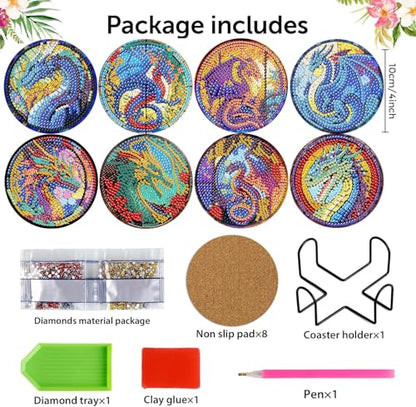 Diamond Art Coasters Kit, 8 Pieces Dragon Diamond Painting Coasters Kit - color: Dragon