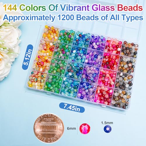 XSEINO About 144 Colors 1200PCS 6mm Crack Glass Beads Bracelet Making Set - color: Mixed Crackle Beads