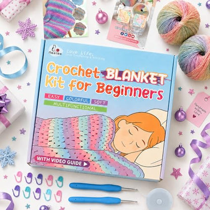 Aeelike Crochet Blanket Kit for Beginner, Easy Blanket Crochet Kit, Rainbow - color: Gift Box-Rainbow Gradient