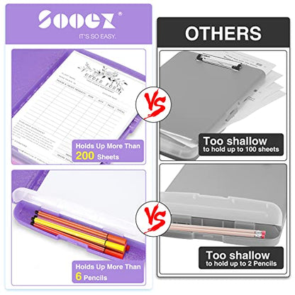 Sooez Glitter Clipboard with Storage, High Capacity Clip Boards 8.5x11 with Pen Holder, Cute Clipboards with Low Profile Clip, Sparkle Plastic Organizer Case Box for Women & Kids, Side Opening - color: Glitter Purple
