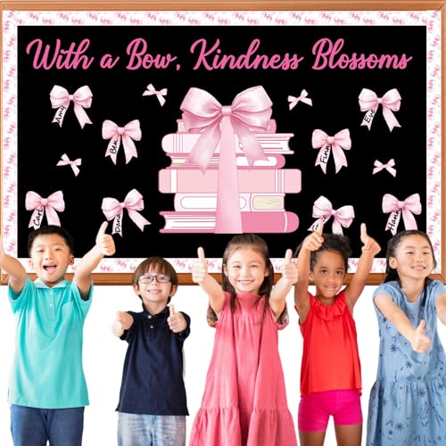 Pink Bow Bulletin Board Set Motivational Kindness Classroom Bulletin Board Decorations Bow Reading Book Cutouts Border Classroom Decorations for Back to School Office Home Chalkboard Decor Wall Door - style: Bow