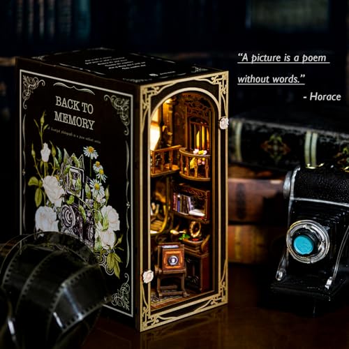 JOOHOUR DIY Book Nook Kit, Dollhouse Miniature, Booknook Bookshelf Insert Alley 3D Wooden Puzzle, Bookends Model Building Kit with LED Light, Gift for Teens and Adults, Back to Memory - color: C-Back To Memory