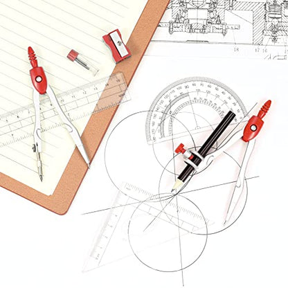 Unjoo Math Geometry Set 10 Pcs, Compass and Protractor for Students (Red - color: Red1