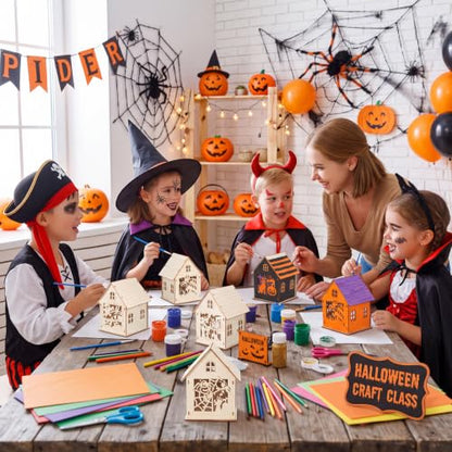 Jenaai 12 Sets Halloween Wooden Houses to Paint, Pumpkin Ghost Village - style: Halloween