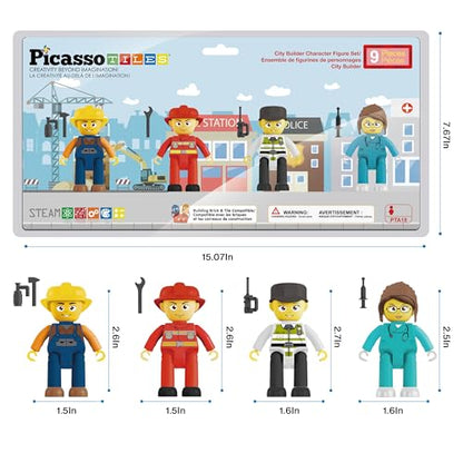 PicassoTiles Magnetic Tiles Action Figures 4 Piece City Characters for Magnet Tile Building Blocks Accessory Add On Pack Construction Block Set Toddler Toy Educational Learning Kit Age 3 and up PTA18 - color: 4 Pcs City Builder