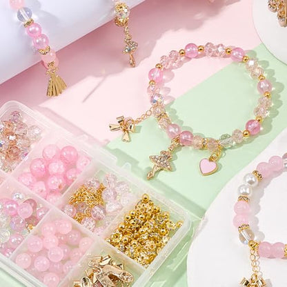 SUNNYCLUE 1 Box DIY 6 Sets Valentine's Day Glass Bead Bracelet Kit Dancer Charms Enamel Pink Heart Rhinestone Dance Dress Shoes Gold Bowknot Charms for Jewelry Making Kits Beginner Wedding Supply - style: Dance 4