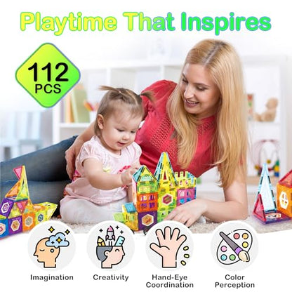 Contixo ST4 Magnetic Tiles - 112 PCs 3D Building Blocks STEM Construction Creativity, Imagination, Recreational, Educational Building Toys for Kids Children Toddler Ages 4-8, Boys and Girls Age 3-5 - style: STEM-112pcs