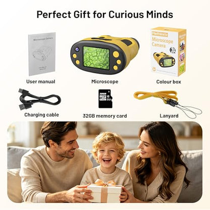 1000X Handheld Microscope for Kids 2.0" Screen 32GB Card Included - color: Yellow