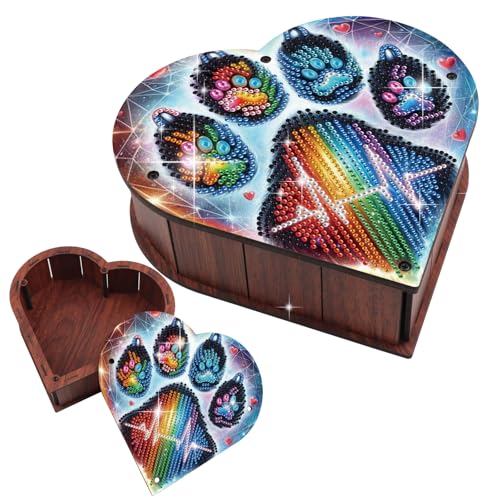 DIY Diamond Painting Storage Box Kit, Heart-Shaped Wooden Special Shaped Diamond Art Organizer for Small Accessories or Jewelry, Decorative Gift Case for Desktop Display (Rainbow Paw) - color: Rainbow Paw