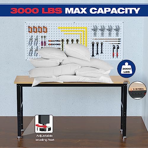 WORKPRO 72" Adjustable Workbench, Rubber Wood Top, 3000 LBS Capacity - size: 6FT workbench