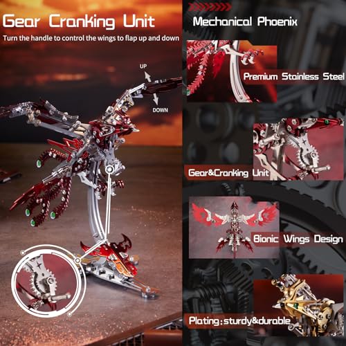 OreilleStar 3D Metal Ornithopter Puzzles for Adults Model Kits DIY Assembly Mechanical Phoenix Stainless Steel Animal Bird Toy Building Block Birthday Gifts for Men Women (Red Phoenix) - style: Red Phoenix