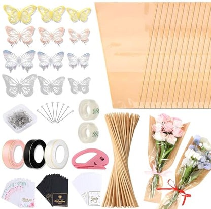 Majreey Floral Wrapping Paper Kit, 80Sheet Waterproof Floral Paper, 3Rolls Ribbon for Flower Bouquet, 2Rolls Transparent Tape,100Pcs Flower Pins, 48Pcs 3D Butterflies, 9Pcs Crowns (Flower-4) - color: Flower-4