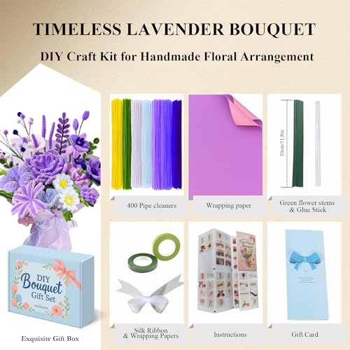NREDXOON Pipe Cleaner Flower Kit 400pcs Purple Lavender DIY Bouquet Craft - color: Purple