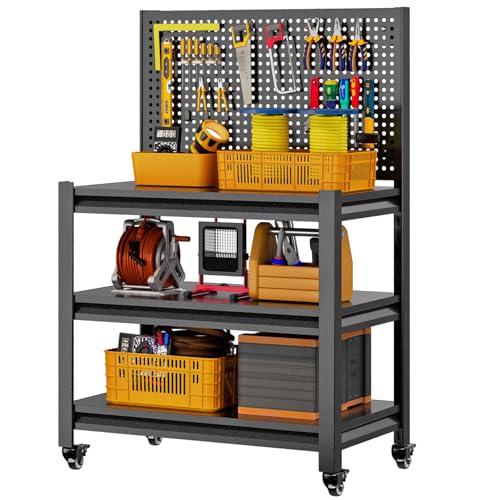 Metal Workbench, Mobile Work Table, Pegboard, 2 Pack - size: 47.2"H x 33.5"W x 18"D
