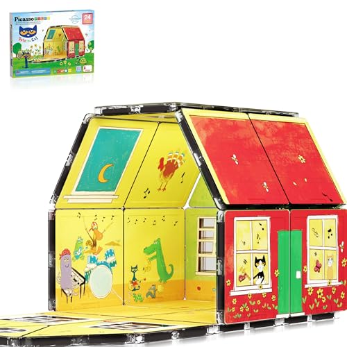 PicassoTiles Magnetic Tiles Pete the Cat Home Theme Building Blocks Double Sided Printing Toddler Magnet Toys Education STEM Learning Kit Construction Brain Development Preschool Kid Game Boy Girl 3+ - style: Pete the Cat Double House