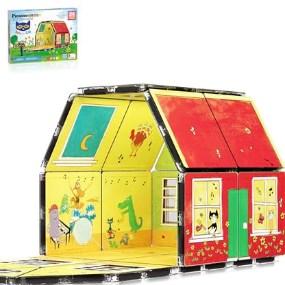 PicassoTiles Magnetic Tiles Pete the Cat Home Theme Building Blocks Double Sided Printing Toddler Magnet Toys Education STEM Learning Kit Construction Brain Development Preschool Kid Game Boy Girl 3+ - style: Pete the Cat Double House