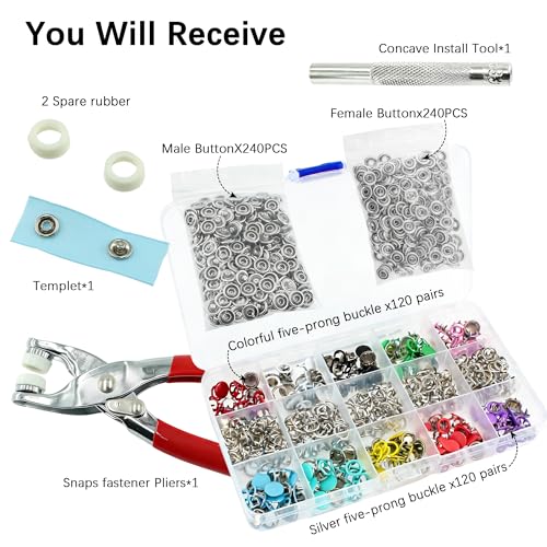 240 Sets Snaps Buttons Fastener kit Hollow Steel Prong Snaps Buttons with Pliers Press Tool for DIY Crafts Clothes Hats Bags Sewing (Hollow & Solid) - style: 240 Sets (Hollow & Solid)