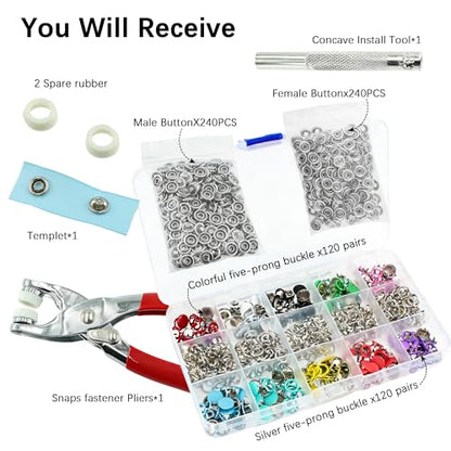 240 Sets Snaps Buttons Fastener kit Hollow Steel Prong Snaps Buttons with Pliers Press Tool for DIY Crafts Clothes Hats Bags Sewing (Hollow & Solid) - style: 240 Sets (Hollow & Solid)