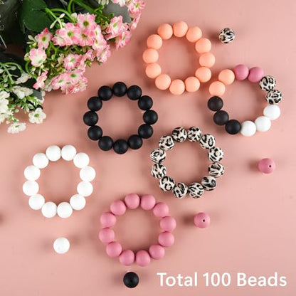 ASTARON 100 Pcs 15mm Dusty Peach Pink Silicone Beads for Keychain Making - color: Peach-pink Black Leopard