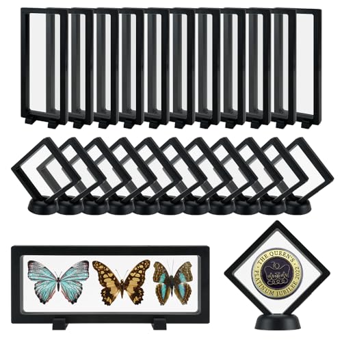 3D Floating Display Case, Transparent Film Jewely Storage Box, Black Challenge Coin Display Holder Stand for Antique Challenge Coins Medals Jewelry Shells Gems Minerals Rocks Specimen Pins (24Pcs) - color: 24pcs
